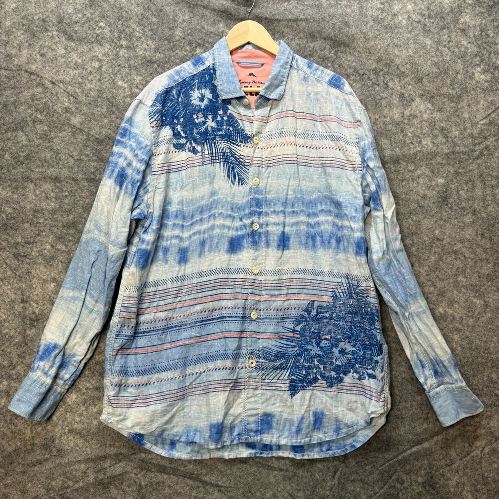 Tommy Bahama Relax Shirt Mens XL Blue 100% Linen Tie Dye Tropical Floral Travel‎